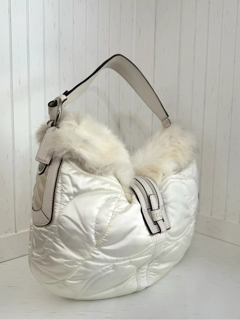 NWT, Y2K, Coach, Vintage, SoHo Ski, Cream Satin, Fur-Trim, Shoulder Bag
